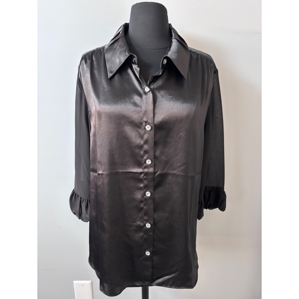 Susan‎ Graver Style Black Satin Sheer Sleeve Ruffle Cuff Button Up Blouse Top L
